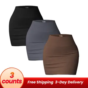 TCVC 3 Pcs Women's High Waist Ribbed Bodycon Mini Skirts, Stretchy Seamless Pencil Skirts for Casual Party Spring Summer