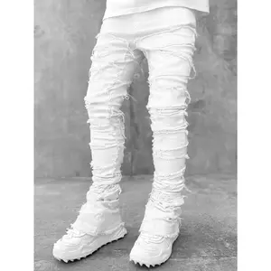 Stacked jeans stretch patch tassel damaged denim full-length pants hip-hop pants men's streetwear