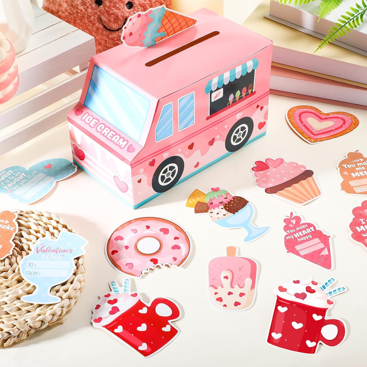 Valentines Day Mailbox with 30 Pcs Dessert Cards DIY Pink Ice Cream ...