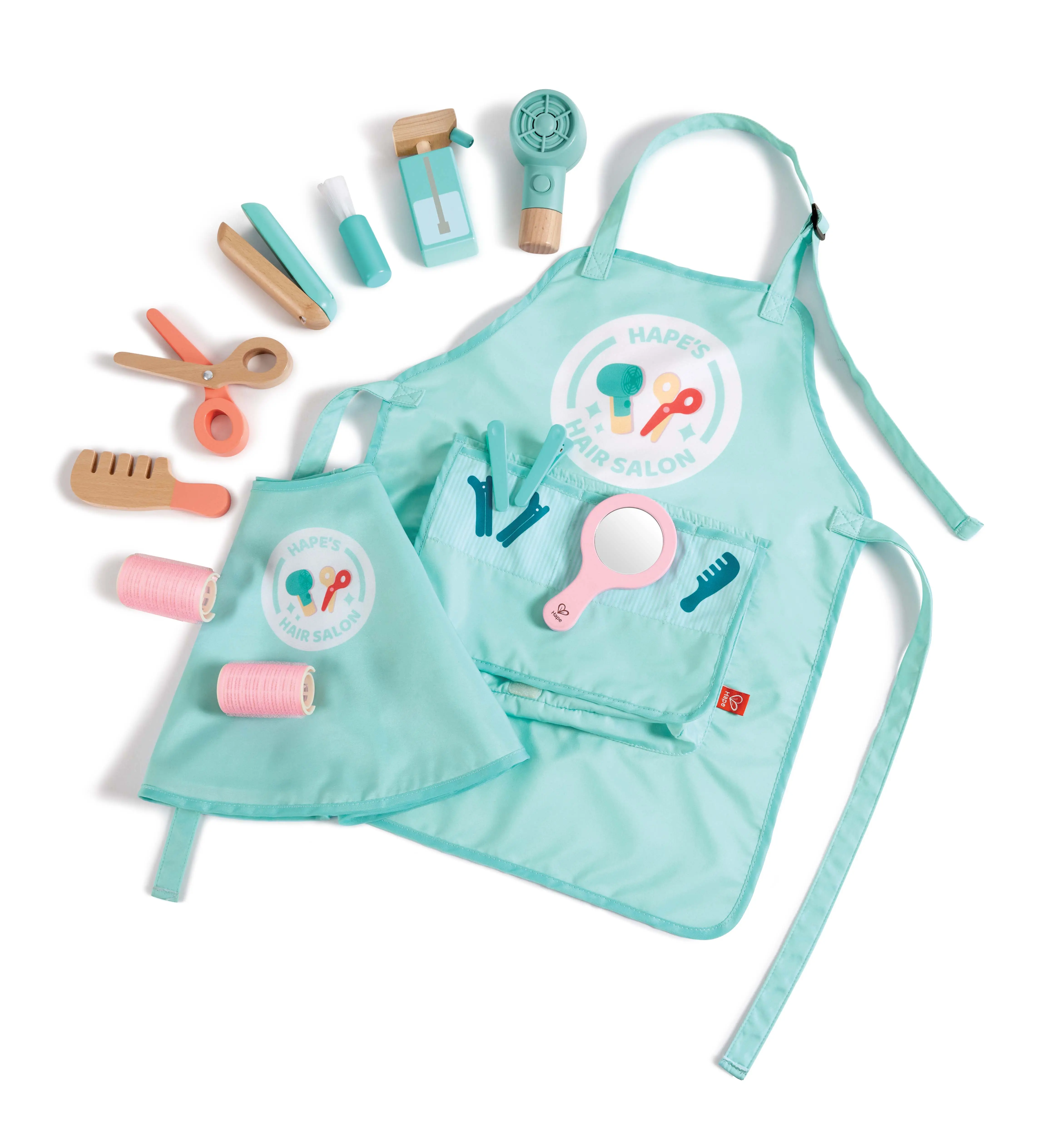 Hape Unisex Salon Pretend Play Set with Realistic Sound Imitation - Includes Comb, Toy Hairdryer, Clips, Rollers, Scissors, Spray Bottle, Stylist's Apron, Client's Cape; Smart Storage, Fosters Imaginative Role-Play, Reduces Fear & Anxiety