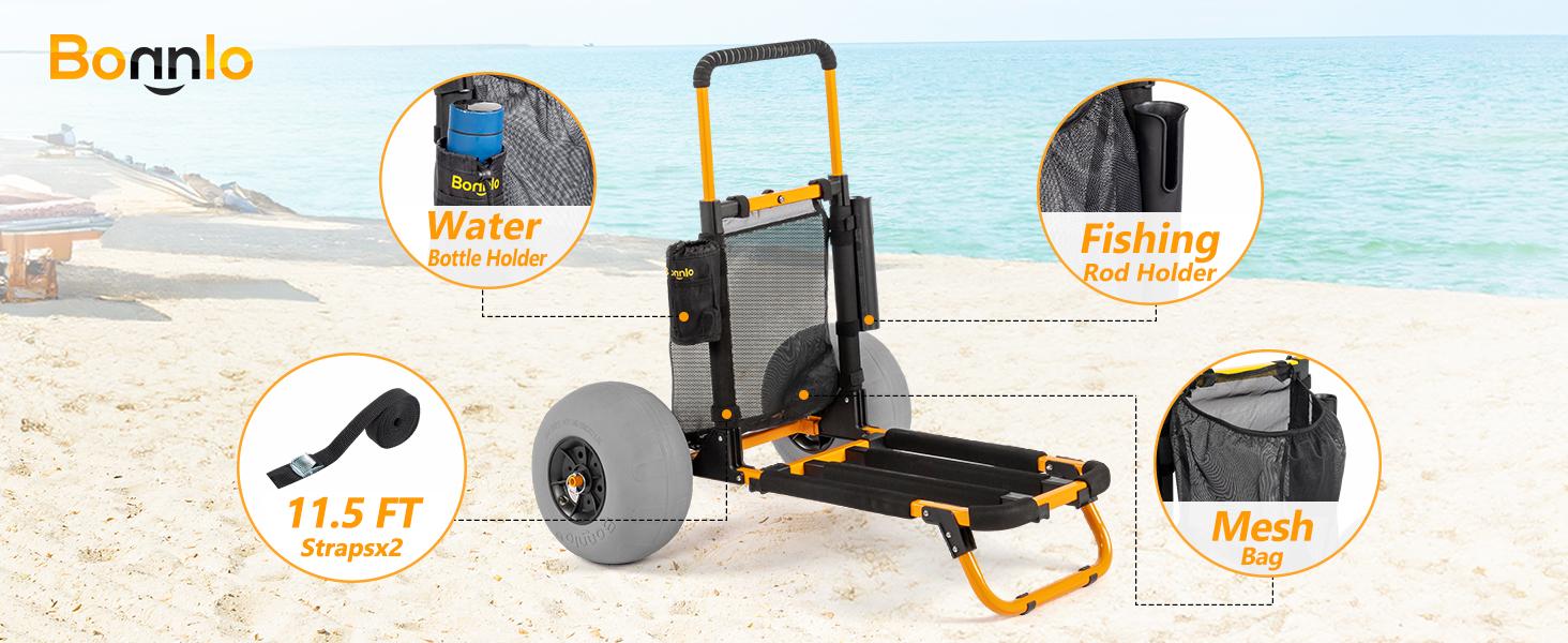 Bonnlo Beach Fishing Cart, Beach Wagon Trolley with 12" Big Balloon Wheels for Sand Foldable Beach Trailer with 23" x 15" Cargo Deck, Fishing Rods Holder, Water Bottle Holder, Mesh Bag, Hand Pump