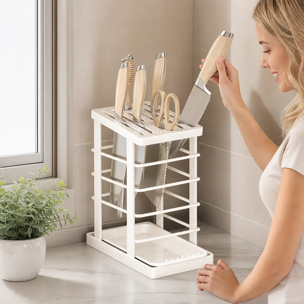 1 Count, Kitchen Knife Storage Holder with Detachable Drip Tray, Standing Rack for Kitchen Countertop Cutlery Organization