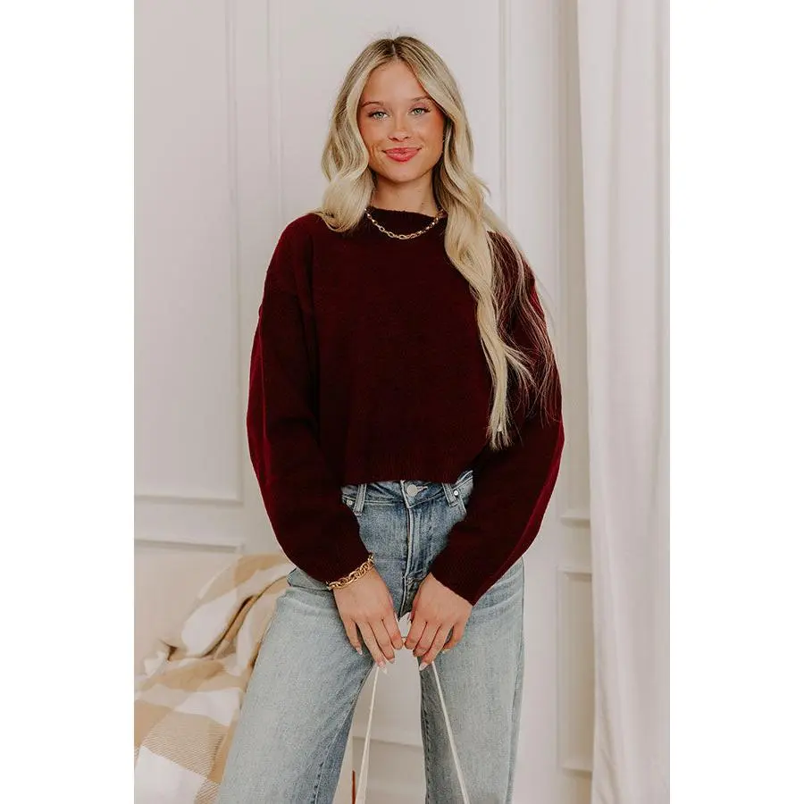 Comfy Chic Knit Crop Sweater Top in Maroon