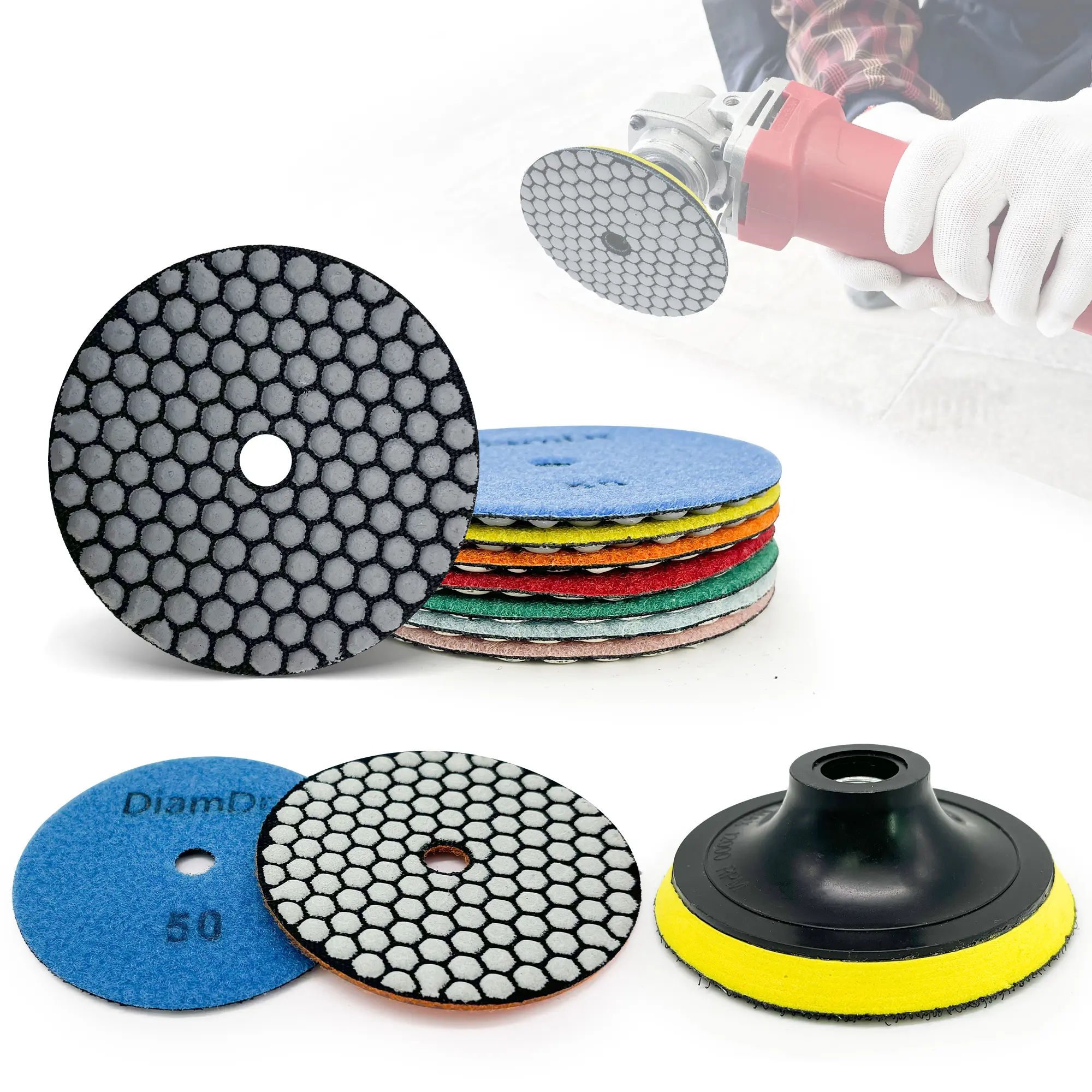 4 Inch Diamond Dry Polishing Pad Set for Angle Grinder, Diamond Coating Polishing Accessories with Edging & Surface Finishing for Granite, Marble, Ceramic Tile, Quartz Stone