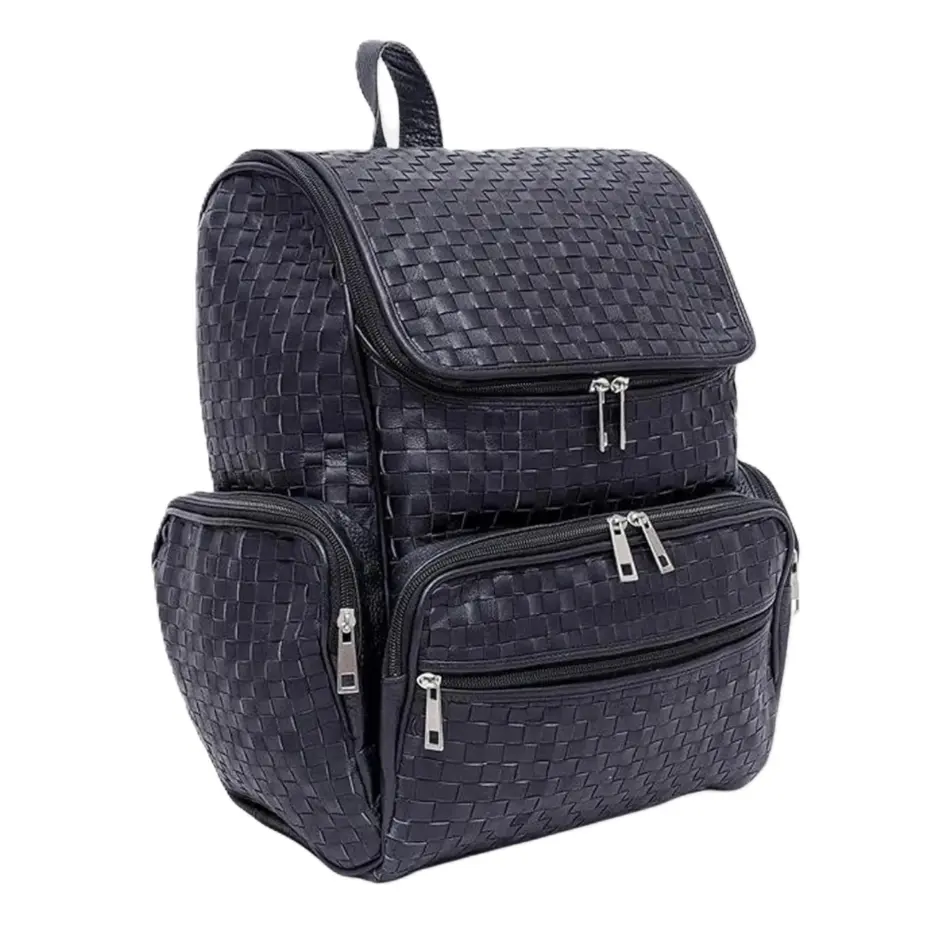 Genuine Hand-Woven Cowhide Leather Backpack – Premium Vintage Interwoven Luxury Rucksack, Multi-Pocket Travel Daypack & Commuter Bookbag for Men and Women, Jet Black (15" x 10.5" x 9")