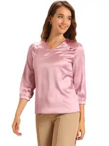INSPIRE CHIC Casual Dressy Office Blouses 3/4 Sleeve V Neck Satin Shirt