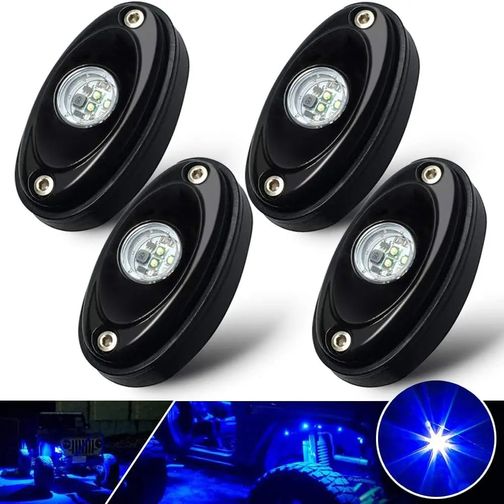 4 Pods LED Rock Light Kit Blue LED Neon Lights for Jeep Car UTV ATV SUV Off Road Boat Under Glow Lamp Truck Bed Lighting Waterproof