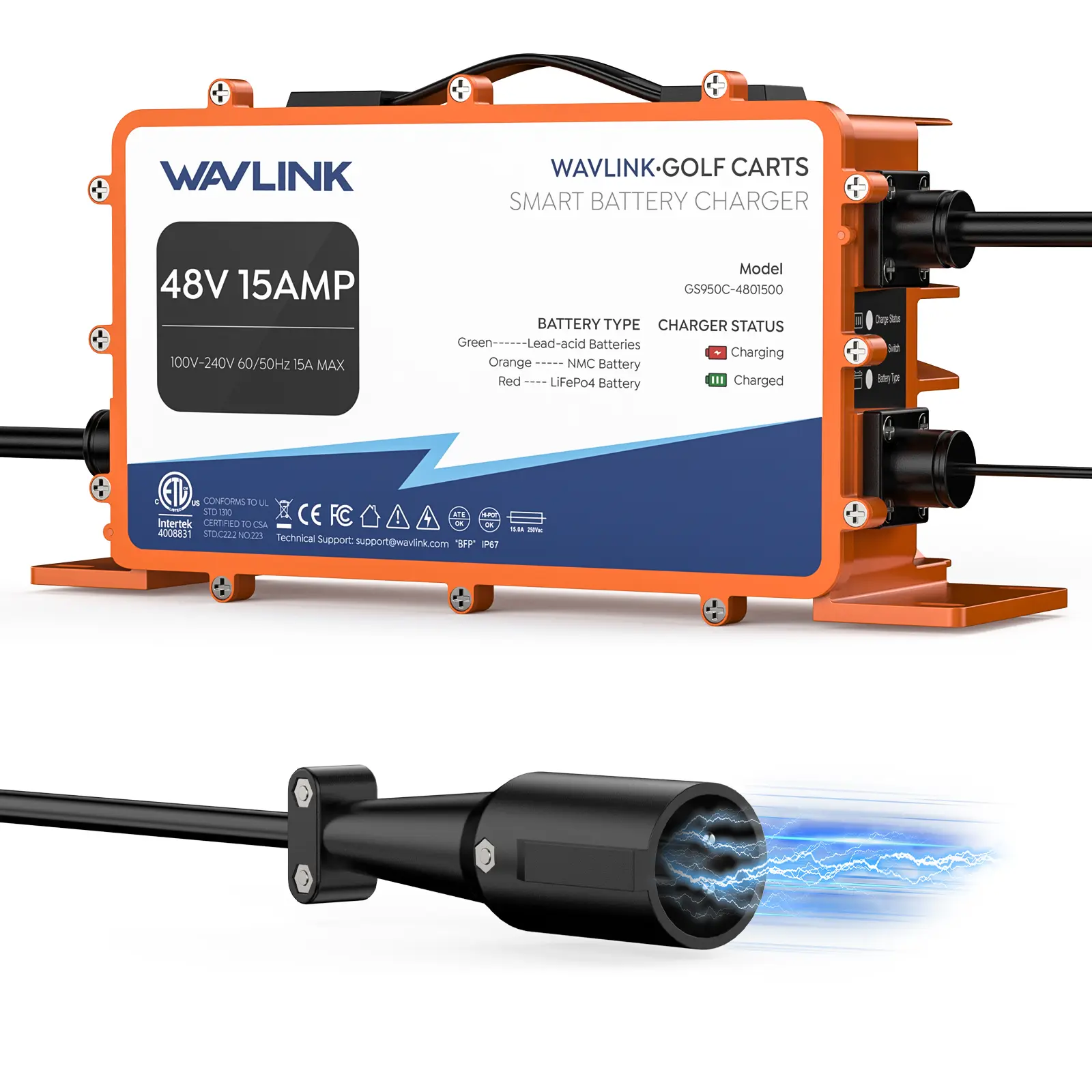 WAVLINK GS950C Golf Cart Charger Unit, 48V 15A Smart Charger with an Aluminum Alloy Build, IP67 Waterproof for Dusty Environments & Extreme Temperatures, Supports LiFePO4, NMC & Lead-Acid Batteries, 810W, Rainy Days, Quick Setup, Pwm Control, Cooling Fan,