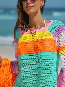 Popvil The Cutest Crochet Beach Cover-Up  | Colorful Striped Bell Sleeve Mini Dress | Boho Summer Festival Outfit
