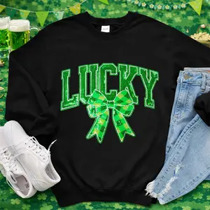 CY St. Patrick's Day Lucky Sequin Chenille Iron On Patch Fashion Embroidered Bow Applique for Outfit Clothes Sweatshirts Jackets Backpacks