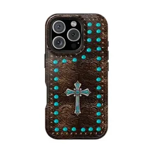 Faith Cross Phone Case – Durable Western Christian Cover, Artistic Turquoise Design, Magnetic iPhone 17 16 15 14 13 12 11