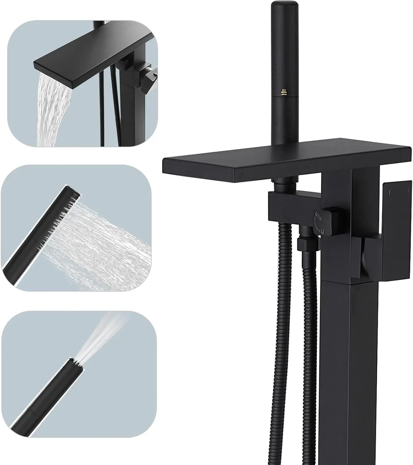 ATSHOWER Matte Black Freestanding Bathtub Faucet with 2 Settings Handheld Sprayer, Floor Mount Waterfall High Flow Bath Tub Filler Faucet, Shower Faucet for Modern Bathroom