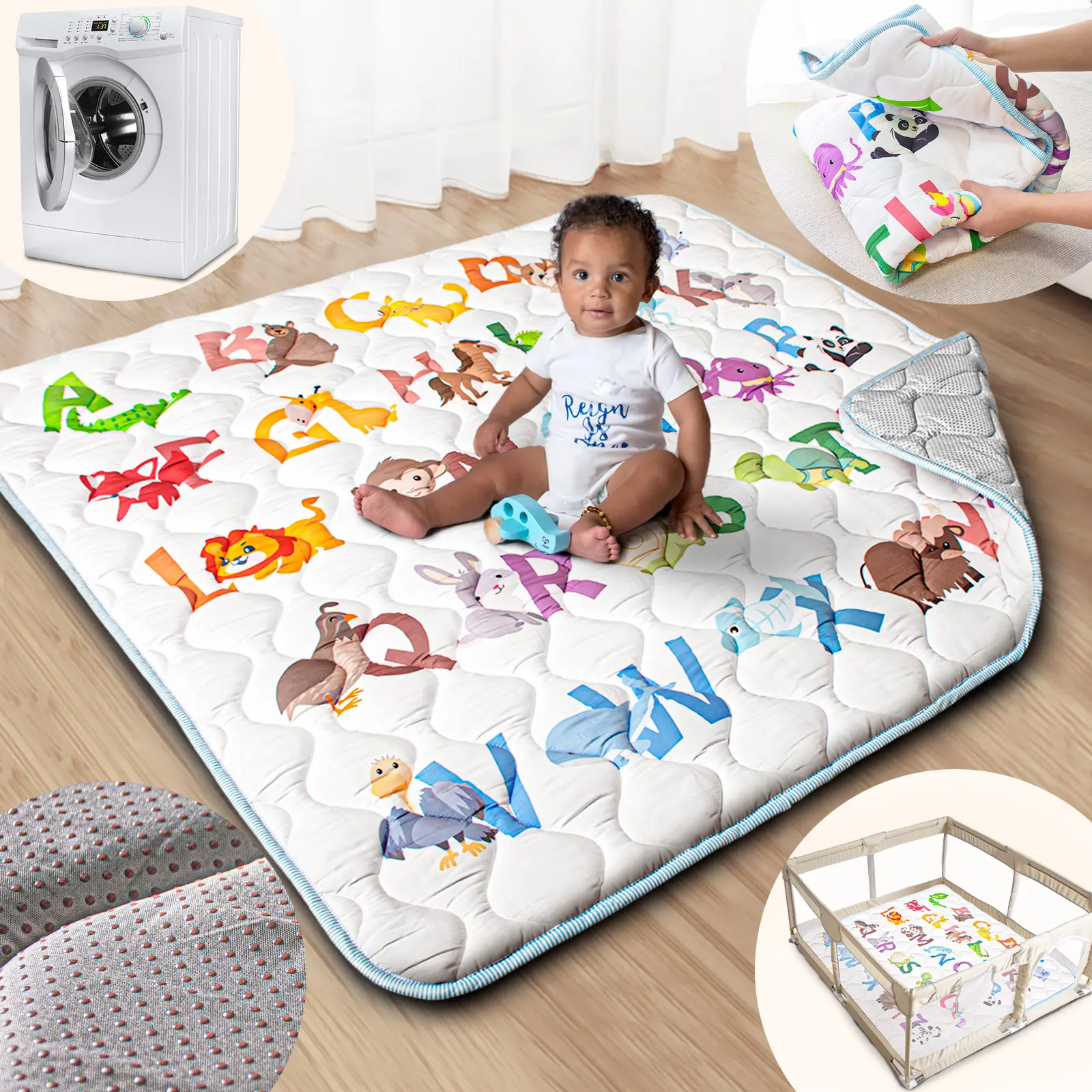 Baby Play Mat, 50x50 Playpen Mat with Super Soft Touch,  with Upgraded Anti-Slip Bottom, Machine Washable Babymat for Floor & Picnicn Decoration Items, 1 in Thick ,back to school
