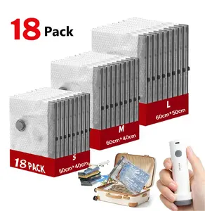 9/18 Travel Vacuum Bag Set with USB Rechargeable Electric Pump Ultra Compact Lightweight Space Saver for Clothing and Travel Essentials Zipper Bag Outdoor Packaging Luggage Compression Bag Organizer 18 Pack