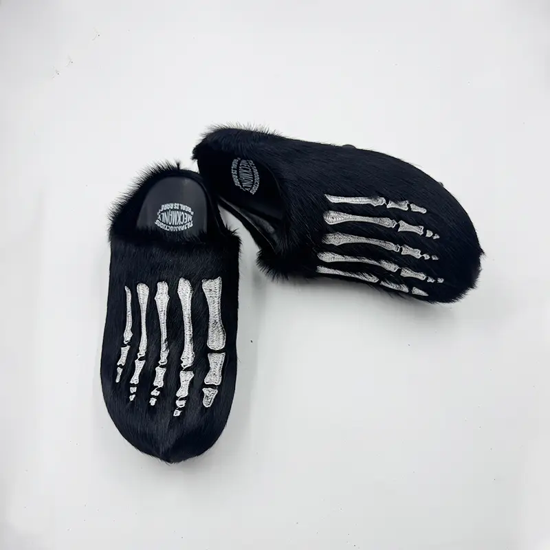 MECKMANLY Unisex Gothic Punk Skeleton Bone Mohair Faux Fur Slip-On Mules - Flexible Fur Slides, Rubber Non-Slip Sole, Cozy Plush Lining Footwear for Indoor/Outdoor Use
