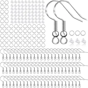 925 Sterling Silver Plated Earring Hooks 100 PCS/50 Pairs,Ear Wires Fish Hooks,300pcs Hypoallergenic Earring Making kit with Jump Rings and Clear Silicone Earring Backs Stoppers (Silver)