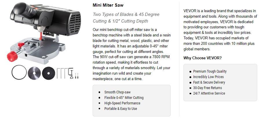 VEVOR Mini Miter Cut-off Chop Saw, Two 2-5/16" Blade of Steel and Resin with 1/2" Cutting Depth, 0~45° Benchtop Miter Saw for Copper, Aluminum, Wood, Zinc in Hobby Craft VEVOR Mini Miter Cut-off Chop Saw, Two 2-5/16" Blade of Steel and Resin with 1/2" Cutting Depth, 0~45° Benchtop Miter Saw for Copper, Aluminum, Wood, Zinc in Hobby Craft