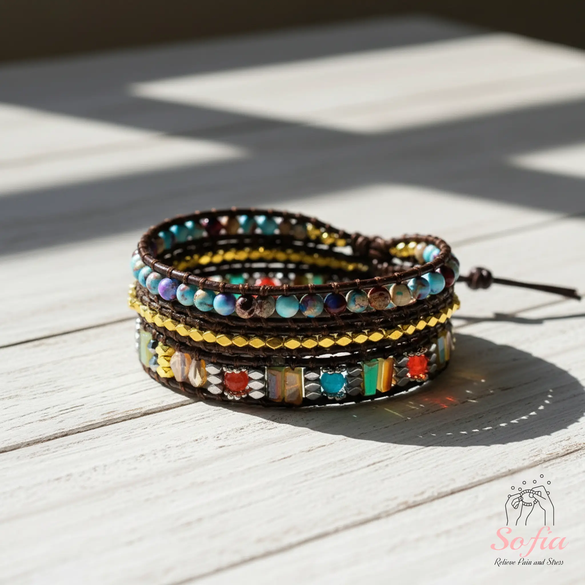 Sofia Handmade Natural Stone Wrap Bracelet, Gemstone Crystal Leather Braided, Boho Styles Adjustable for Daily Use, Gift for Mother Daughter