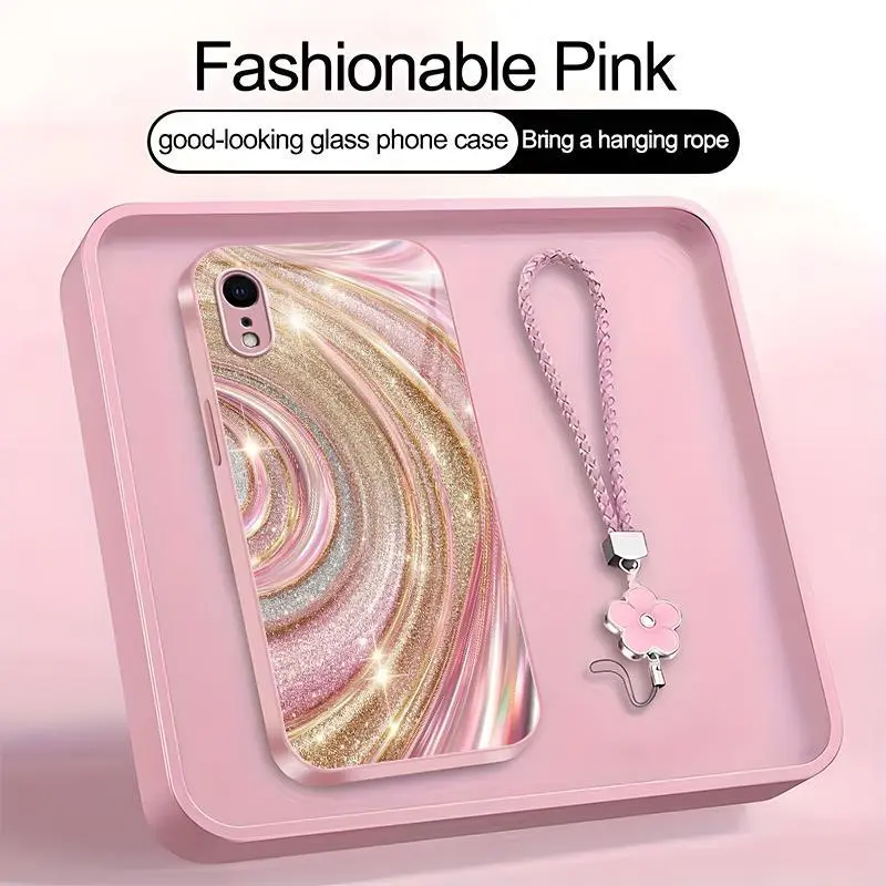 Luxury Rose Gold Swirl Smartphone Cover with Glitter Blush Pink Art Aesthetic, Flower Lanyard for iPhone XR - Protective Case for Handheld Devices, Camera-Safe Mobile Phone Accessory-975