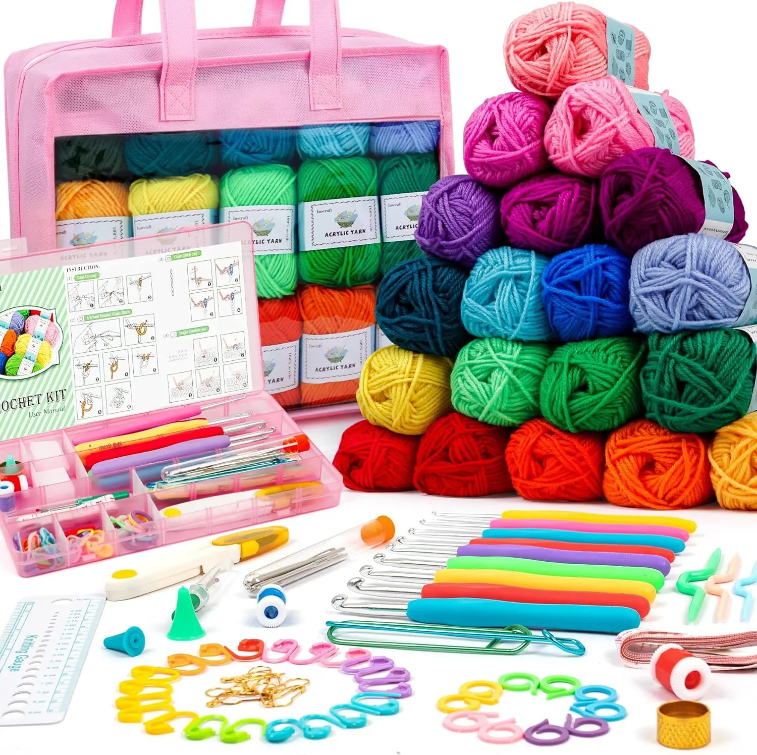 INSCRAFT Crochet Yarn Kit for Beginners Adults, Includes 1650 Yards 30 Colors Acrylic Skeins, User Manual, Hooks, Black/Pink/Purple/Dark Grass/Wine Bag etc, Make Amigurumi & Projects, Starter Set Professionals