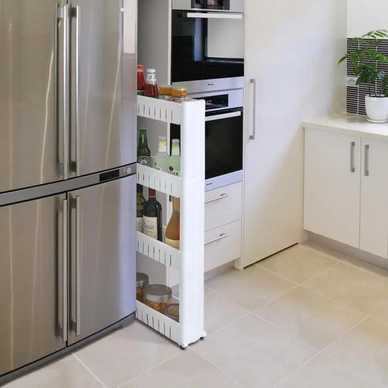 Multifunctional refrigerator storage rack; single ultra‑thin gap storage organizer with wheels; kitchen refrigerator accessory; kitchen pantry organization rack