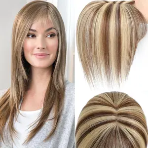 5X9 Cm Hair Toppers for Women Real Human Hair 8 Inch 25cm 3D Cover Clip in Bangs Realistic Scalp Line Human Hair Toppers for Women with Thinning Upgrade Basement with Bangs (P4/27, 3D French Bangs 5x9)