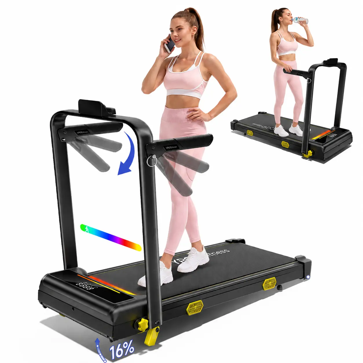 【Summerwins】YPOO Walking Pad Treadmill with Handrails - 16% Adjustable Incline for Glutes & Legs Activation,Dynamic RGB Lighting, Quiet Compact Home Treadmill, Safe Indoor Warm-Up & Daily Steps Gym Equipment, Treadmill Walking Pad