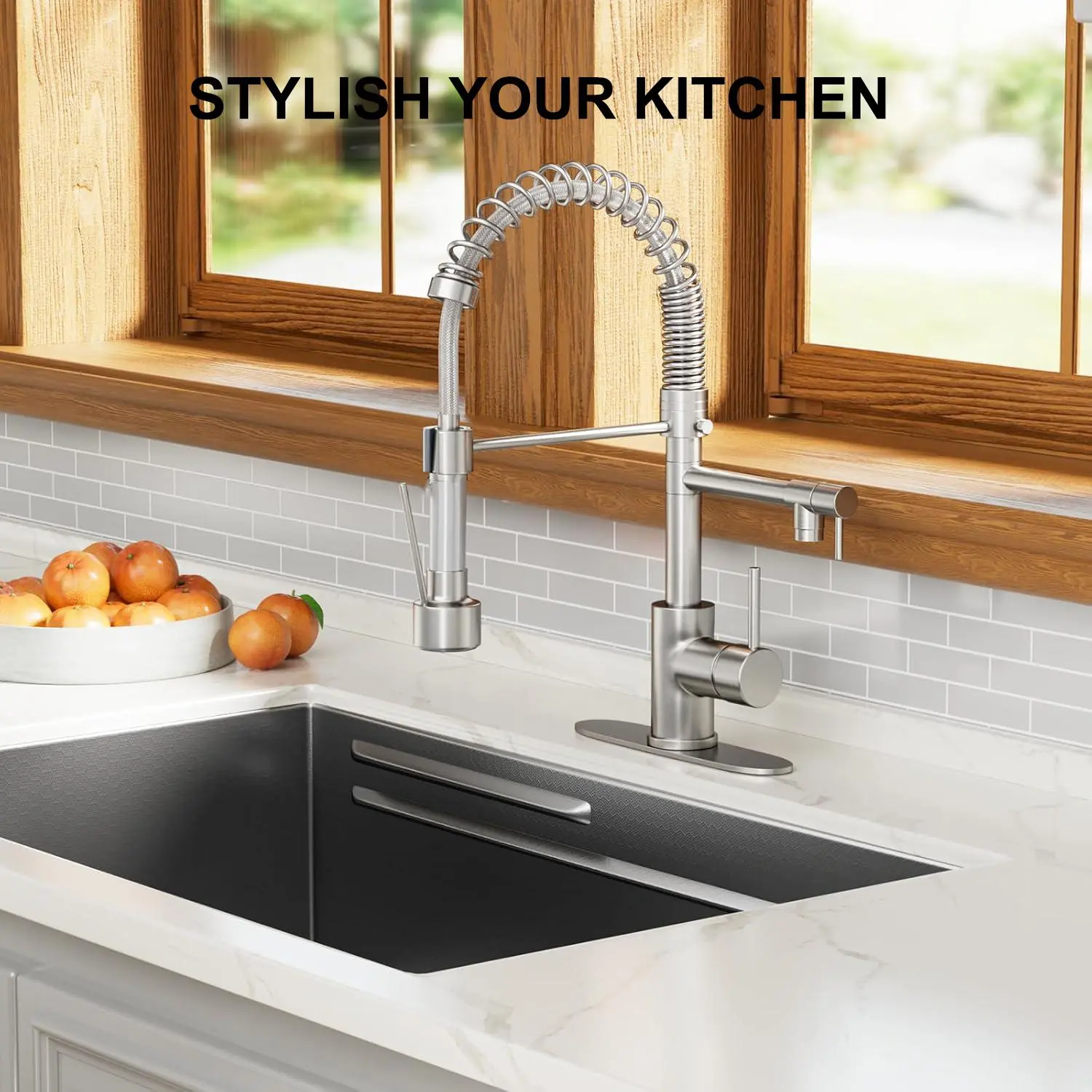 Commercial Style Indoor Dual Spout Kitchen Faucet with Pull-Down Sprayer - Brushed Nickel Stainless Steel Easy-Install High-Flow Faucet Kitchen Taps, Single Handle, Deck Plate, Pot Filler, Fits 1 or 3 Holes, Commercial Style Kitchen Faucet, Dual-Spout Kit