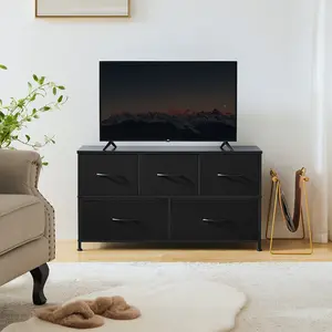 Sweet Furniture S - Organizer Storage 5, Chest of Drawers with Fabric Bins, Long Dresser with Wood Top for Bedroom, Closet, Entryway