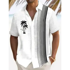 [Coconut Shirt] Casual Coconut Tree Stripe 3D Digital Print Short Sleeve Shirt | Men's Large Size Button Pocket | PLUS SIZE