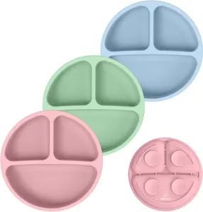 3 Pack Divided Unbreakable Silicone Plates - Non-Slip - Dishwasher and Microwave Safe - Silicone (Blue Green Brown)