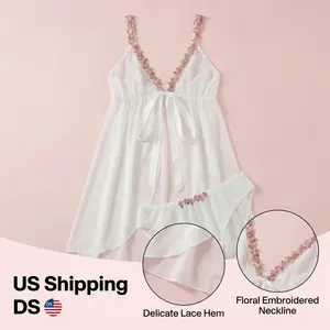 Sexy Sheer Mesh Babydoll Chemise with Floral Trim & FrontTie, V-Neck Lingerie Set with Matching Panty, RomanticSleepwear for Date Night, Perfect Gift for Her