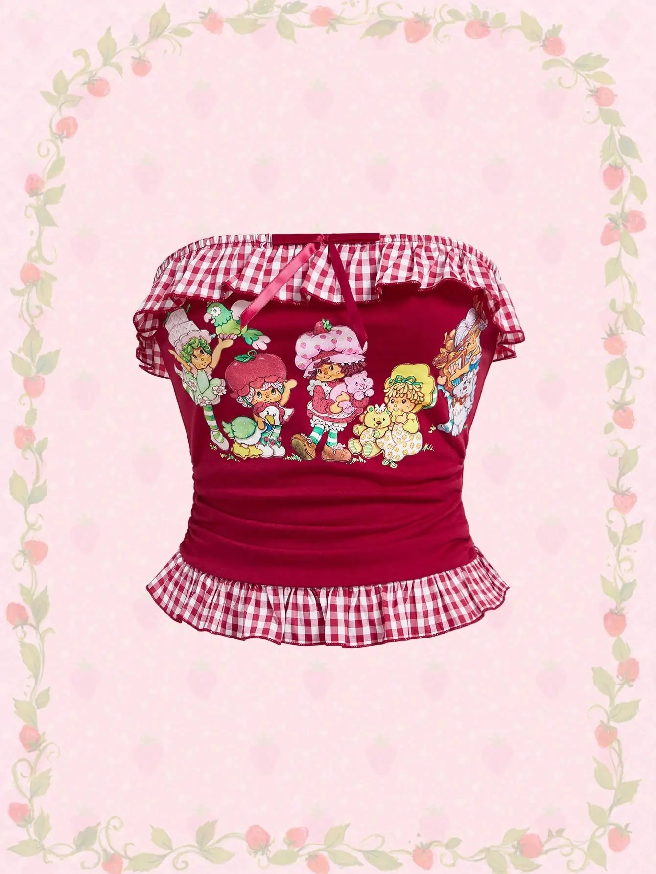 Strawberry Shortcake ROMWE Women's Plaid Patchwork Ruffle Ribbon Bow Decor Cartoon Pattern Tube Top, Bottoms, Shortsleeve