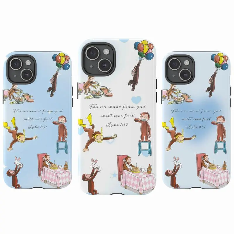 Tough Phone Case for iPhone 11, 12, 13, 14, 15, 16, 17 Pro Max Plus. Durable Anti-Drop, Waterproof, Shockproof, Scratch-Resistant Full Protection. Curious George Bible Verse Luke 1:37 Jesus Faith Design with Glossy Finish.