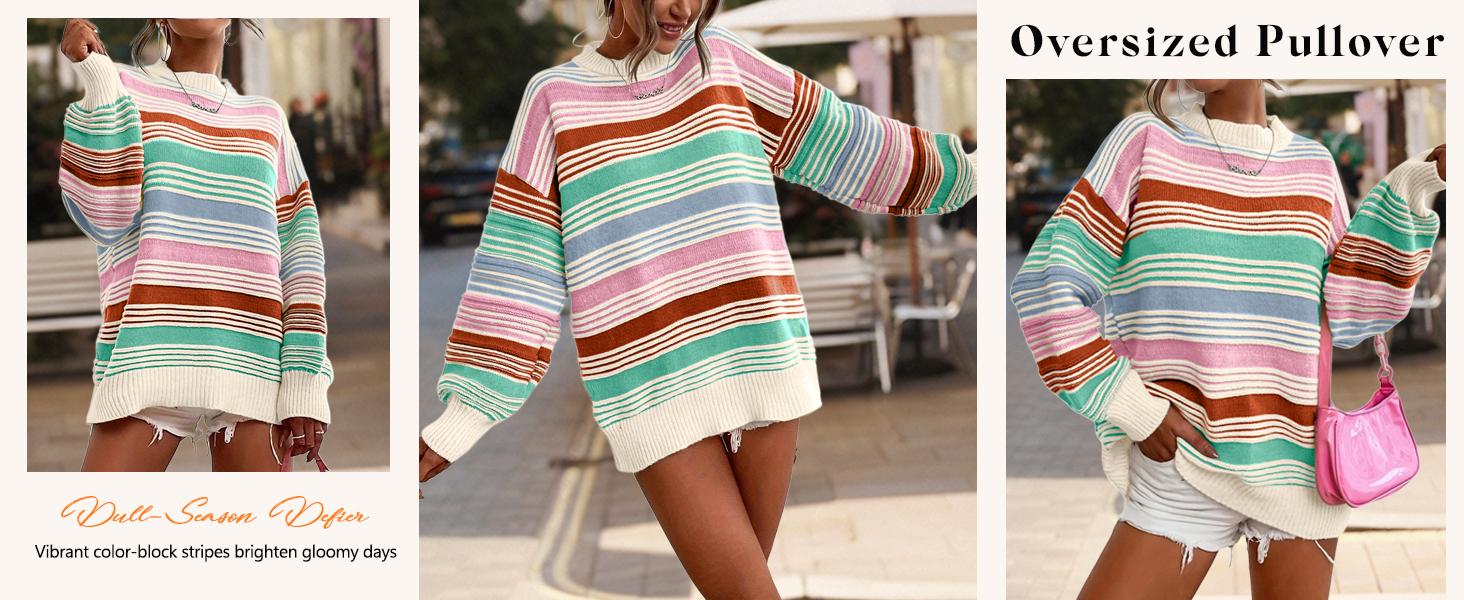 UTCOCO Women's Oversized Rainbow Contrast Striped Long Sleeve Soft Bold Stylish Non-Customized Knit Pullover Sweater, 2026 Fall Winter Casual Tops, Soft Women's Pullovers