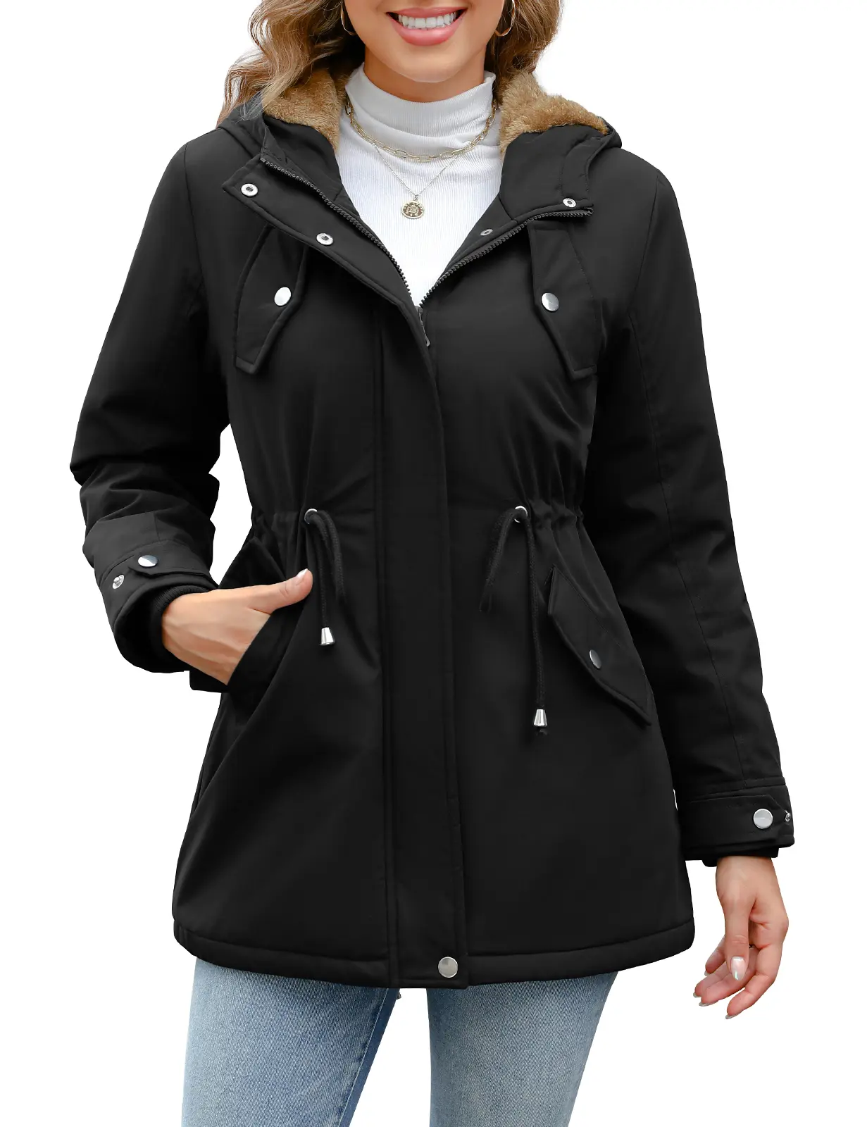 Parka Jacket Women Waterproof Fleece Lined Hooded Warm Winter Coat with Pockets for Daily Commute & Outdoor Tops Womenswear