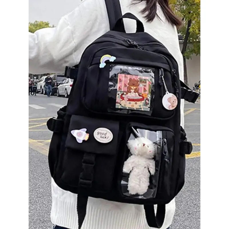 Girls’ Trendy Cute Bear Artistic Cartoon Backpack - Colored Patch Cartoon Design Casual Backpack, Lightweight Water-Resistant Large-Capacity School Bag, Ideal Fall Outfit Gift, Artistic Cartoon Backpacks, Cartoon Design Backpacks