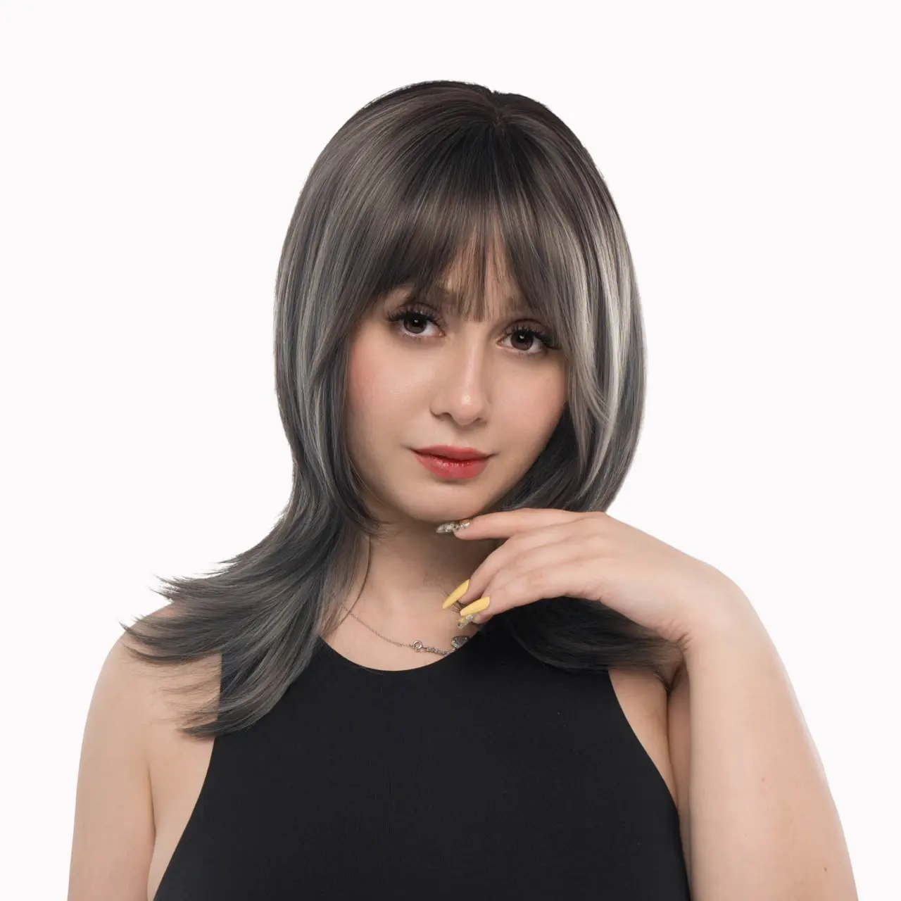 15-inch Shadow Grey/Dull Silver (Dark Espresso-tint Roots) Layered Soft Wolf Cut Synthetic Wig | 【Heat Resistant】【Cap Included】 | 52FSGA