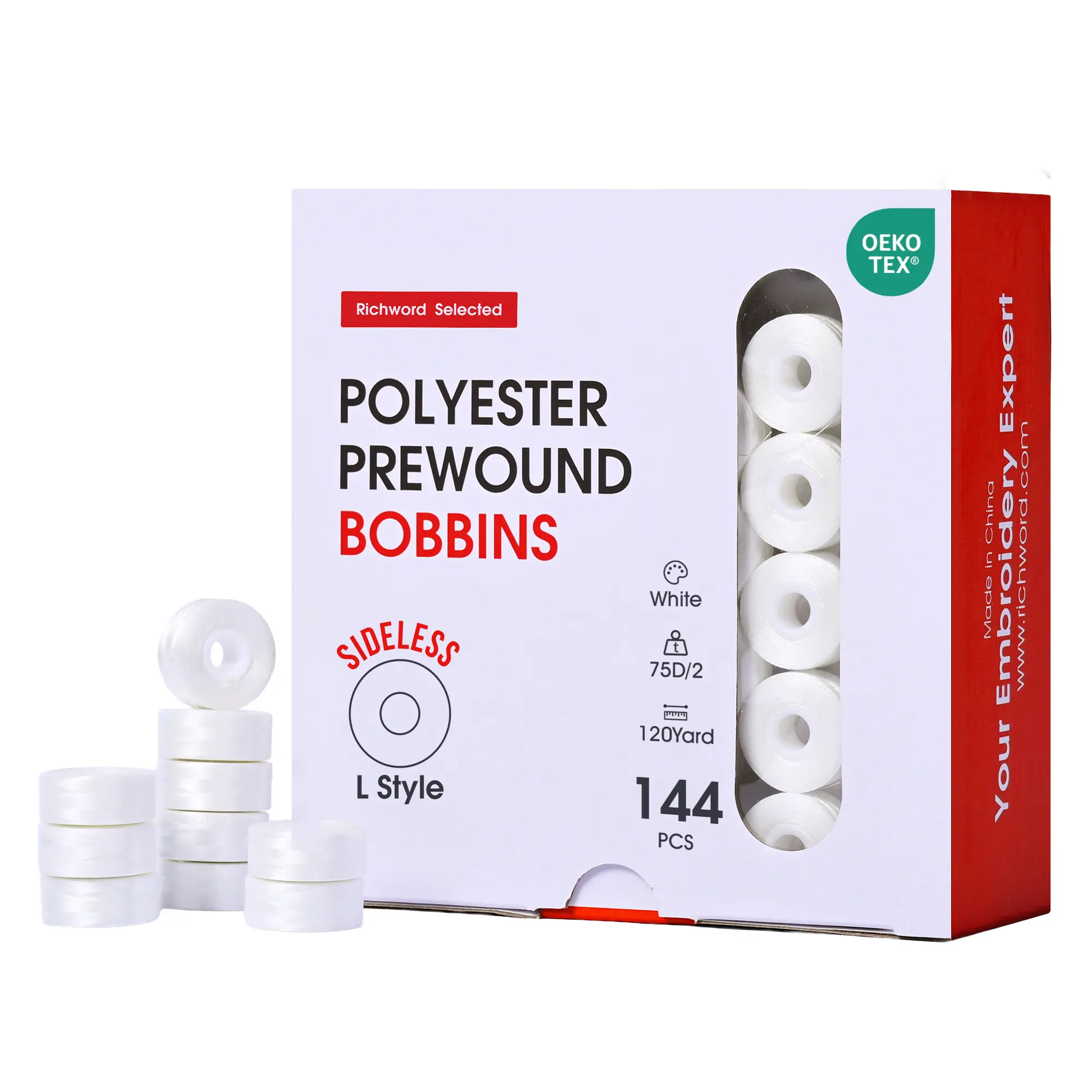 PooLin Richword L-Style Prewound Sideless Embroidery Bobbins, High-Quality Polyester 75d/2(60wt) Filament Bobbins (2cm x 0.9cm), Sewing Accessories and Supplies for Commercial Embroidery Machines