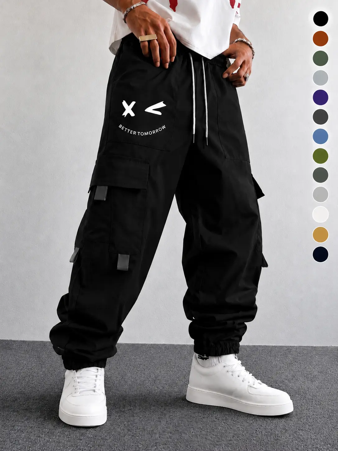 Men’s purple cargo jogger pants featuring a “Better Tomorrow” print, crafted from tear-resistant, skin-friendly fabric. Multiple cargo pockets are paired with an adjustable drawstring waist, suitable for streetwear, casual gatherings, and commuting.,sohoc