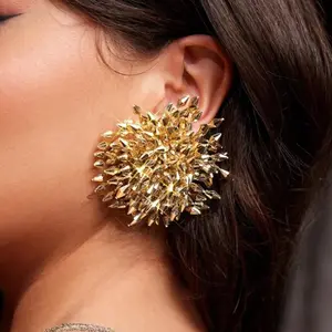 Silver/ Gold Statement Earrings, Large Spike Stud, Metallic Sunburst Design, Bold Fashion Jewelry