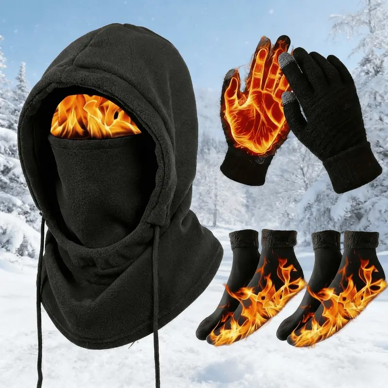 3 or 4-Piece Winter Warmth Set - Windproof and Warm Full-Face Mask Hooded Jacket, Gloves, and Thermal Socks - Extreme Cold Weather Gear for Skiing, Cycling, Snowboarding - Unisex for Adults (Hand Washable) - Ideal Christmas and New Year Gift