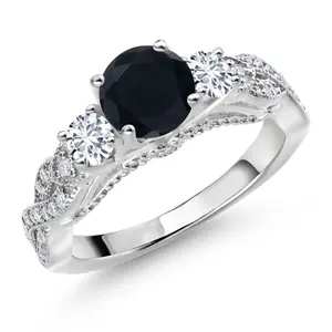 Gem Stone King 1.27 Cttw Black Onyx White Lab Grown Diamond and White Moissanite Engagement Ring For Women | 925 Sterling Silver | Round 6MM and 3MM | Wedding Anniversary Promise Ring