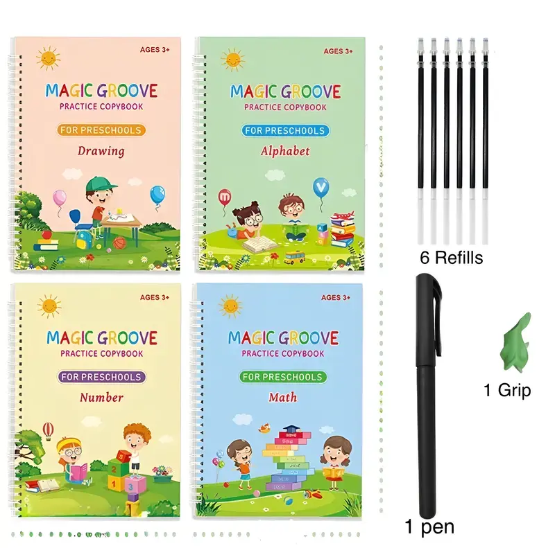 4 Magic Reusable Grooved Handwriting Copybooks – Magic Writing Practice Books with 1 Pen, 1 Handle & 6 Refills | School & Educational Supplies for Early Childhood Education,back to school,back to school shopping
