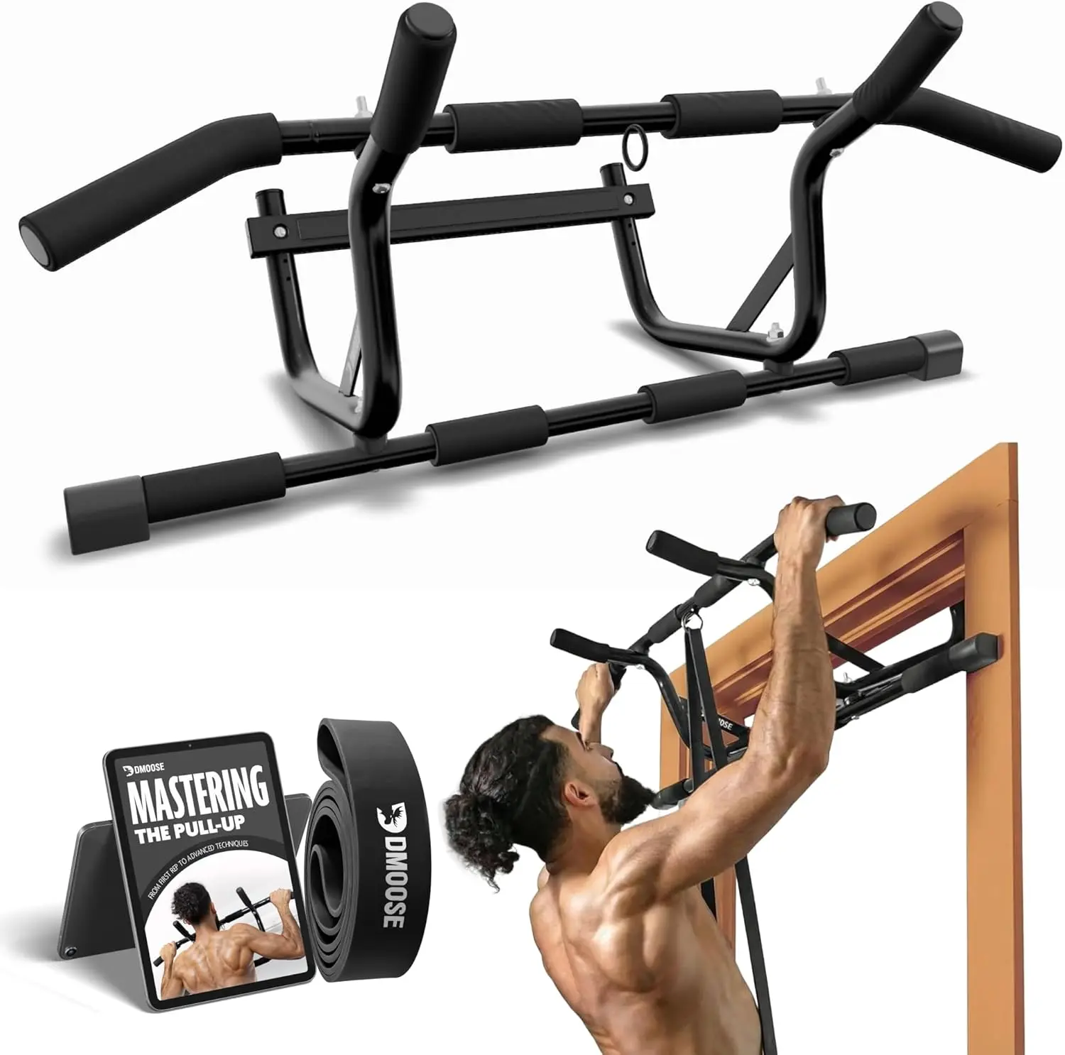 DMoose Fitness Doorway Pull Up Bar - Home Fitness Equipment, 250 Lbs Capacity, No Screwing/Slipping, Multi-Padded Grips for Arm & Bodyweight Strength Training, Installation Guide Included, Arm Strength Training, Bodyweight Training