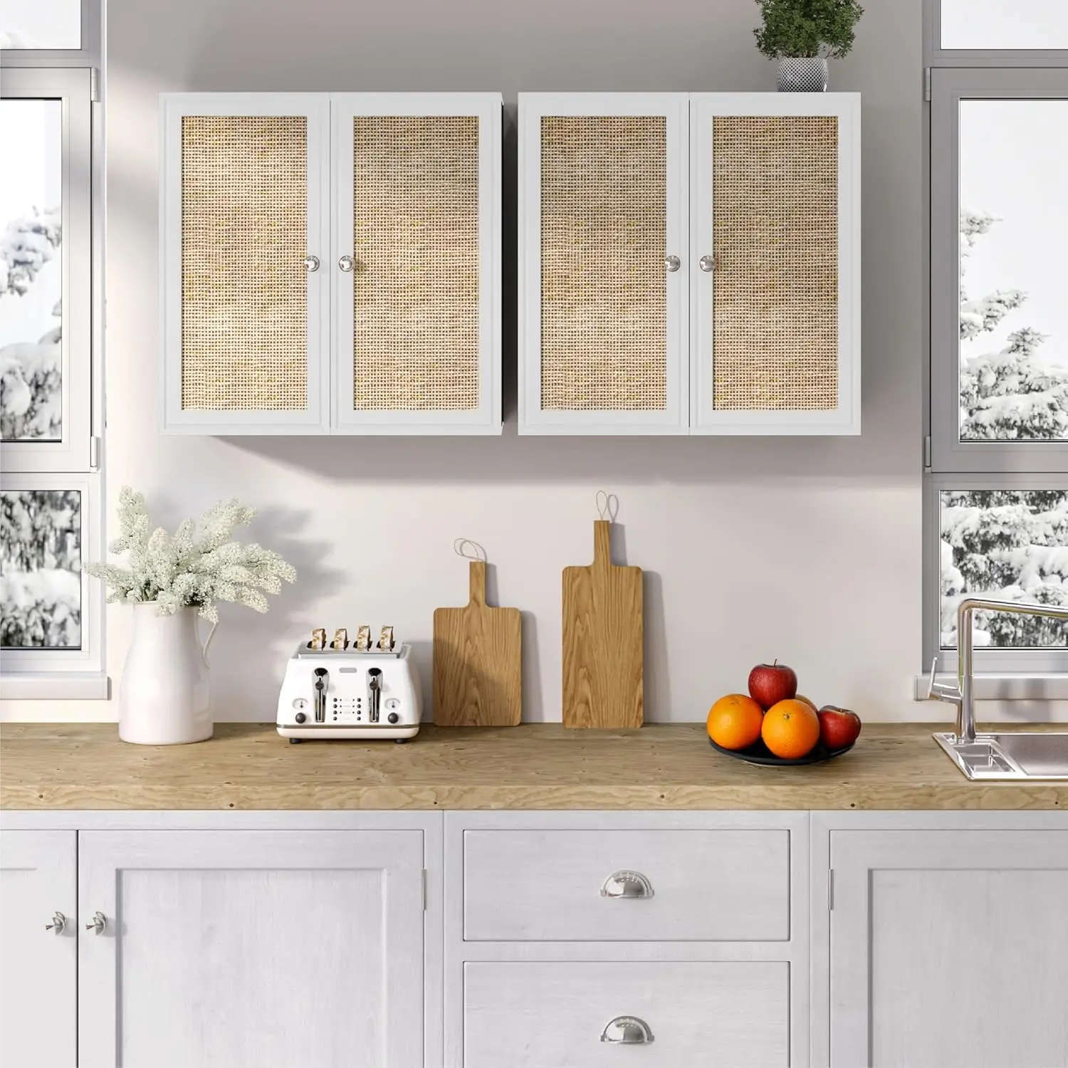 Wall-Mount Rattan Wardrobe Cabinet - Compact Space-Saving Indoor Organizer with Adjustable Shelves, Modern Minimal Wall Cabinet for Laundry Room, Bathroom