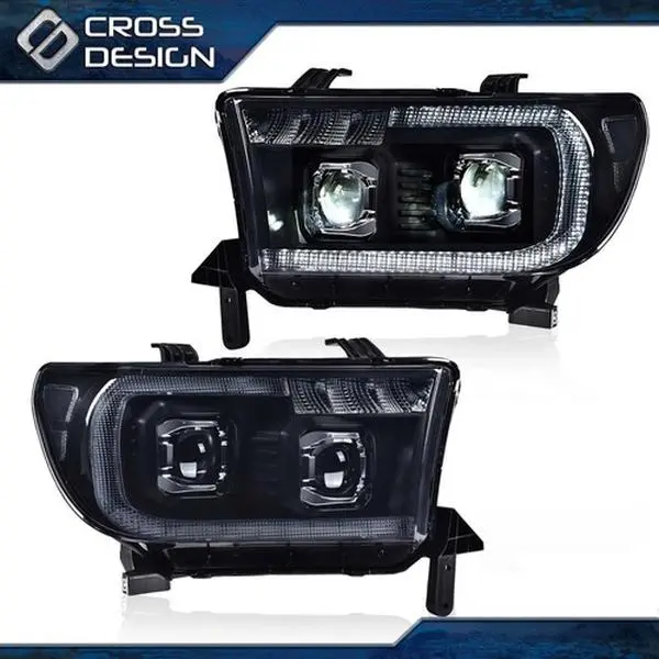 CROSSDESIGN 1 Pair Durable LED Halo Projector Headlamp Assembly, Smoke Lens, Factory Direct Replacement Car Lights, Car Exterior Upgrade Truck Accessories for 07-13 Tundra Sequoia, Led Light, Fits ’07–’13 Tundra