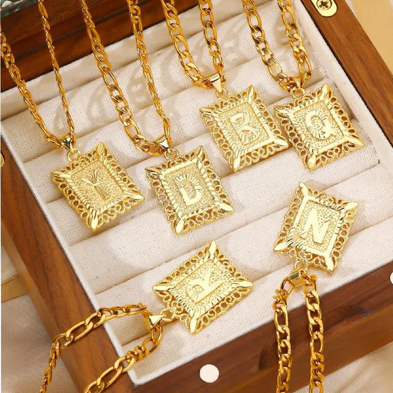 14K Gold Plated Square Capital Monogram Pendant Necklace for Men Women, Chic Initial Letter A-Z Pendant Figaro Chain Jewelry Festivals, Birthdays, and Special Occasions