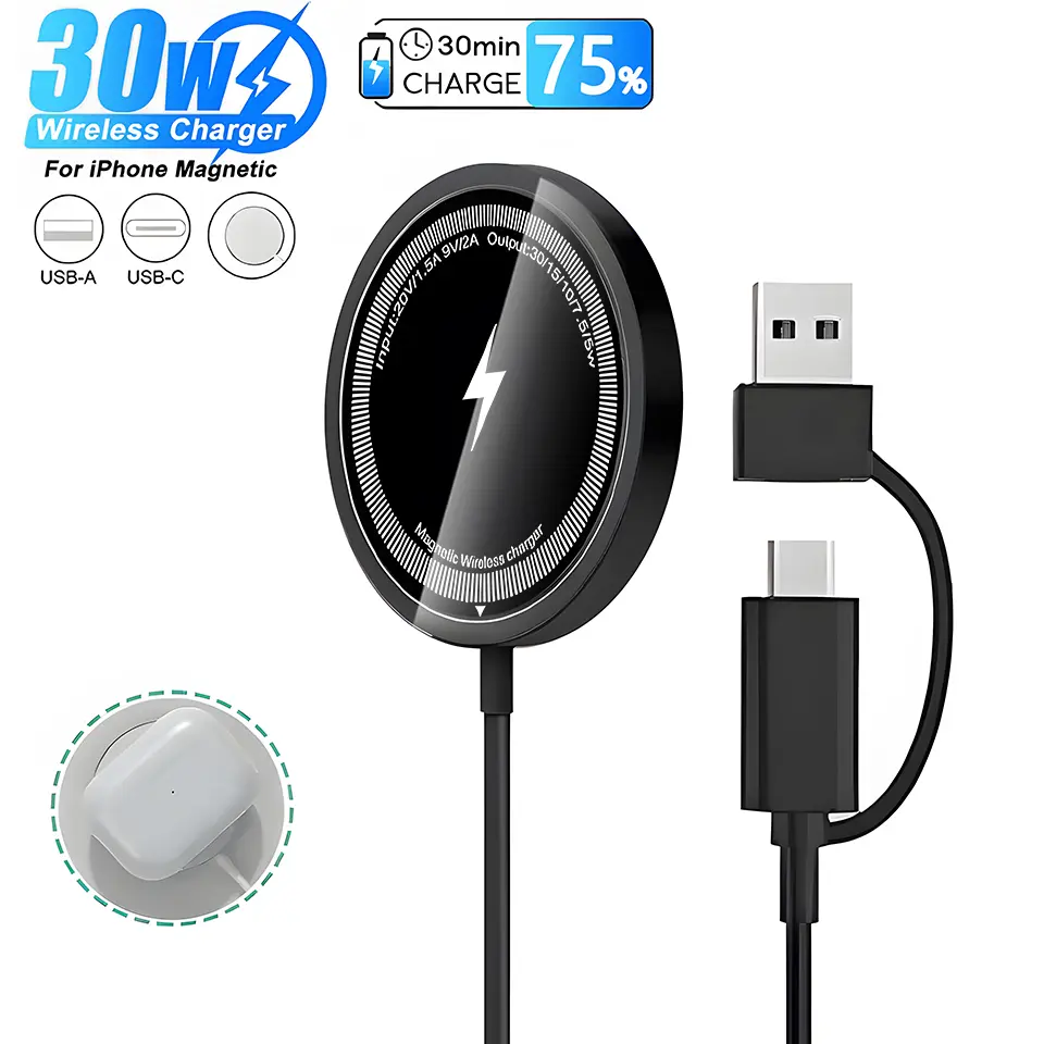 30W 2-in-1 Magnetic Wireless Charger, Type-C USB PD Fast Charging Accessory for iPhone 16/15/14/13/12 (Pro, Max, Mini, Plus), Samsung, Pixel, Smartphone, Cellphone, Android Devices & Mobile Electronics, Iphone Charger