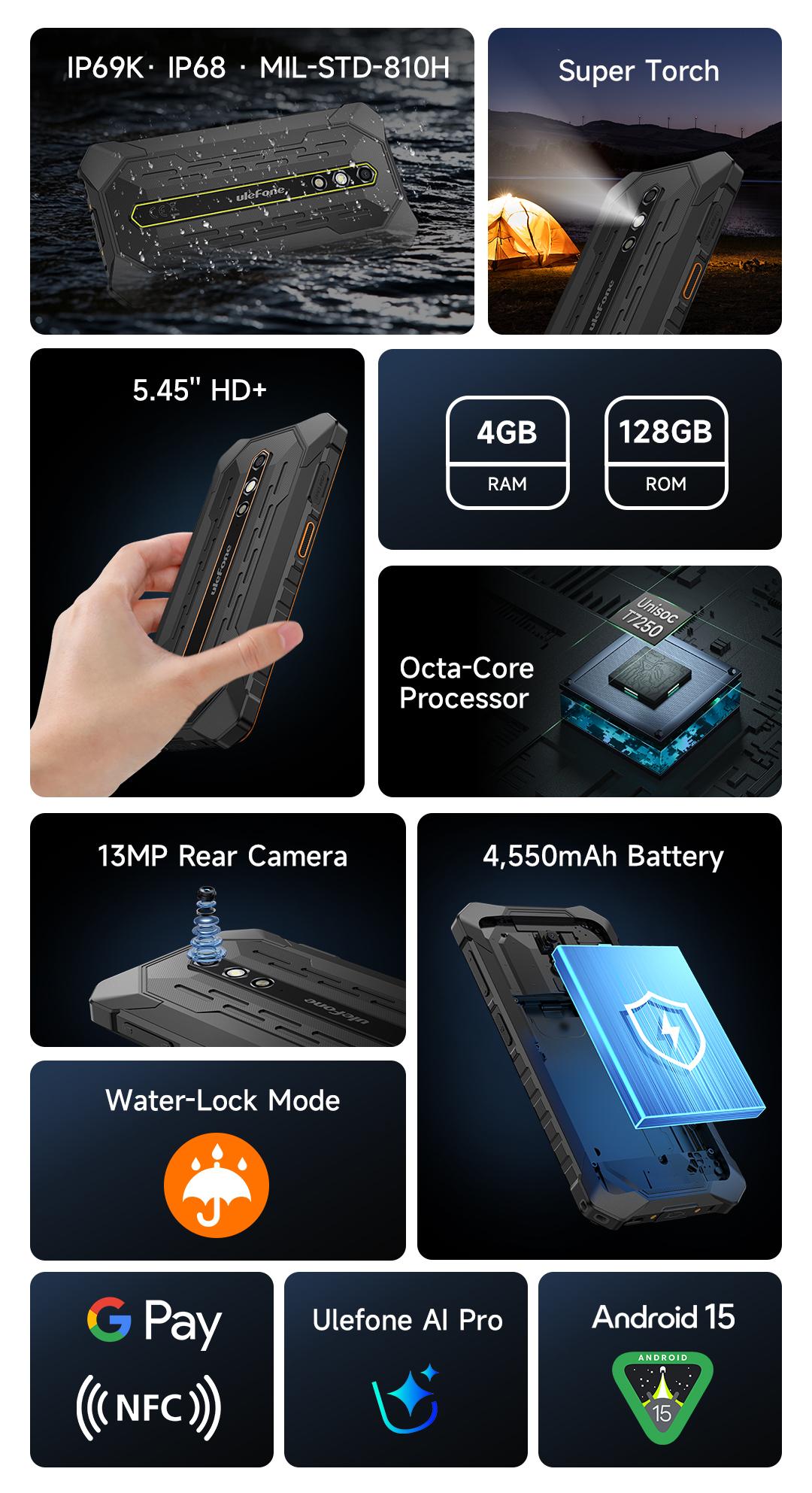 Ulefone RugKing 2 Pro Rugged Phone, 8(4+4) GB+128GB Octa-Core, 4500mAh, Android 15 Waterproof Phone, 5.45" HD+ Corning Gorilla Screen, 13MP+5MP Camera, Dock Charging, Al Assistant(Gemini), Orange